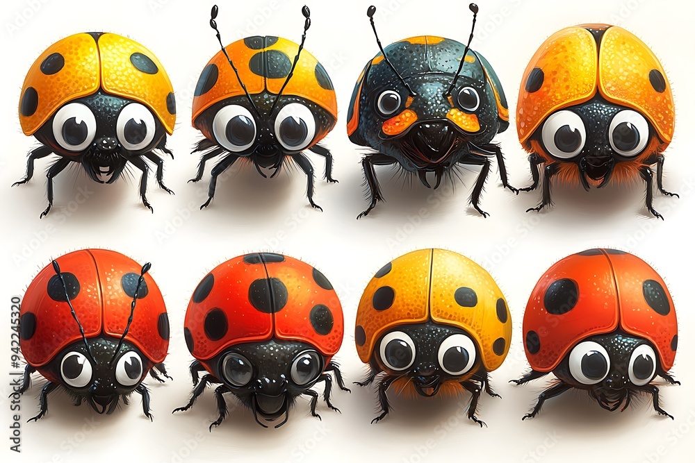 A cheerful collection of cartoon ladybugs with big eyes on a white background. A cheerful collection of cartoon ladybugs with big eyes on a white background.