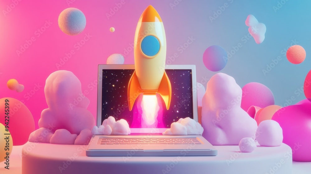 Fast Internet speed - A laptop with a rocket coming out of it Fast Internet speed - A laptop with a rocket coming out of it