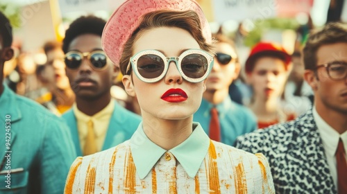 1960s protest scene with washed-out colors and vintage fashion, historic moment, social change photo