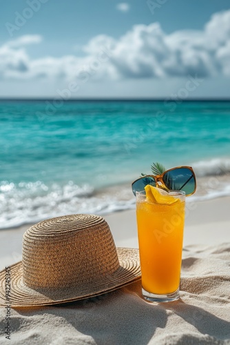 Refreshing drink with sunglasses and a straw hat on a sandy beach under a sun...