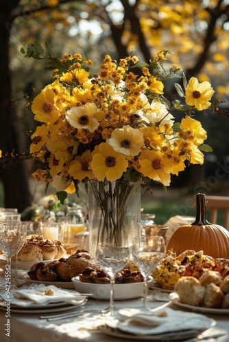 Autumn celebration with a vibrant display of treats and flowers in a scenic o...