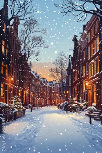 Beautiful snowy street decorated with lights during winter evening in a charm...