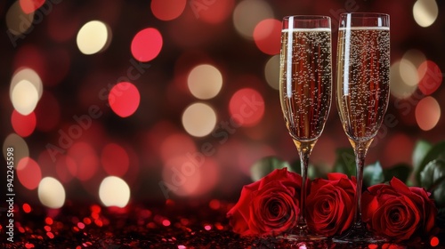 Celebratory toast with champagne flutes and red roses on a festive evening