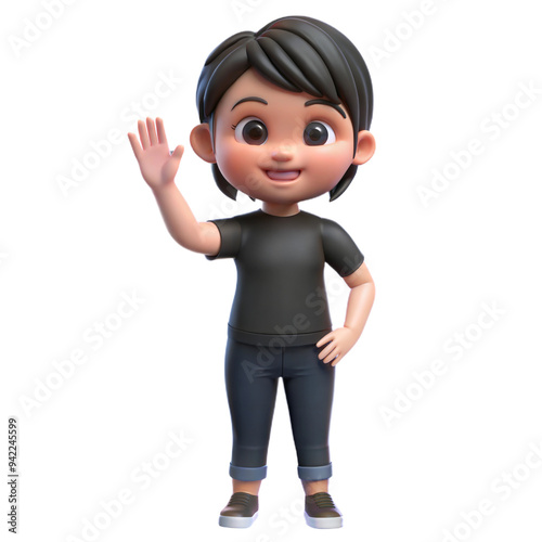 Animated 3D boy with dark hair in black t-shirt, smiling and waving, on transparent background