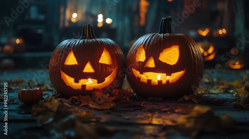 Autumn evening with carved jack-o'-lanterns illuminating a path surrounded by...