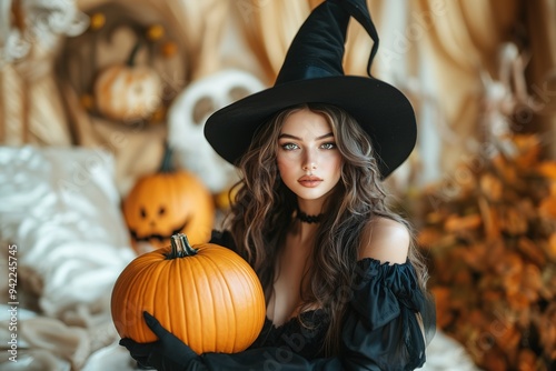 Portrait of woman at Halloween party as dead witch with funny and silly expression on her face. Young woman with bloody make-up holds glowing pumpkin covered with spider webs on orange background