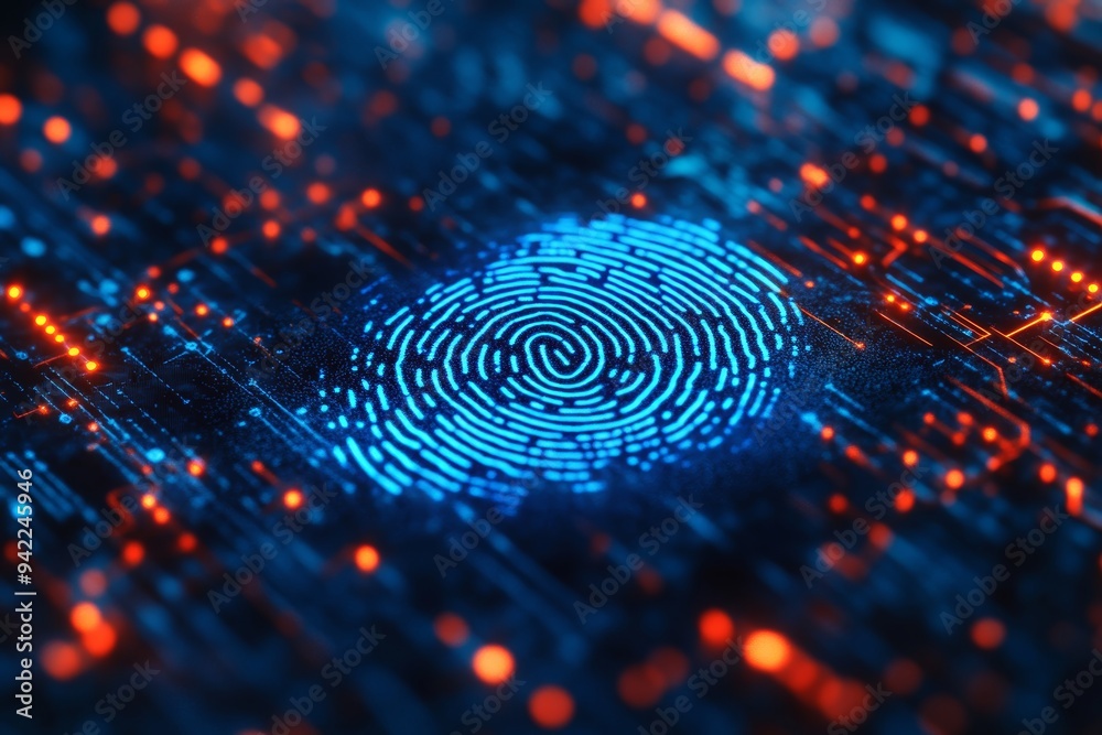 Close up view of a digital fingerprint scanner for biometric security and identity verification