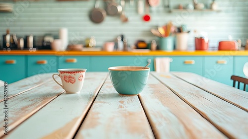 1970s kitchen table with vintage decor and faded colors, nostalgic home, retro comfort