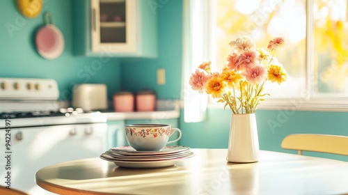 1970s kitchen table with vintage decor and faded colors, nostalgic home, retro comfort