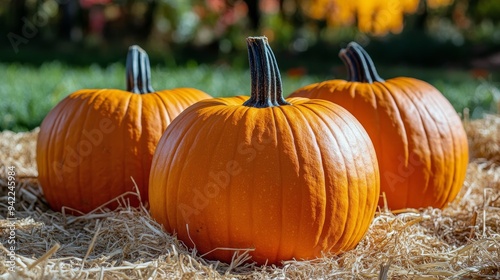 Vibrant orange pumpkins glisten with dew on straw bedding in a sunny autumn s...