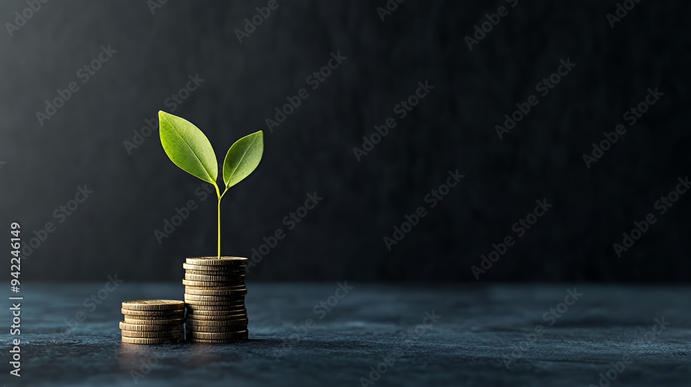 A sprouting plant growing from stacks of coins, symbolizing financial growth and sustainability. A sprouting plant growing from stacks of coins, symbolizing financial growth and sustainability.