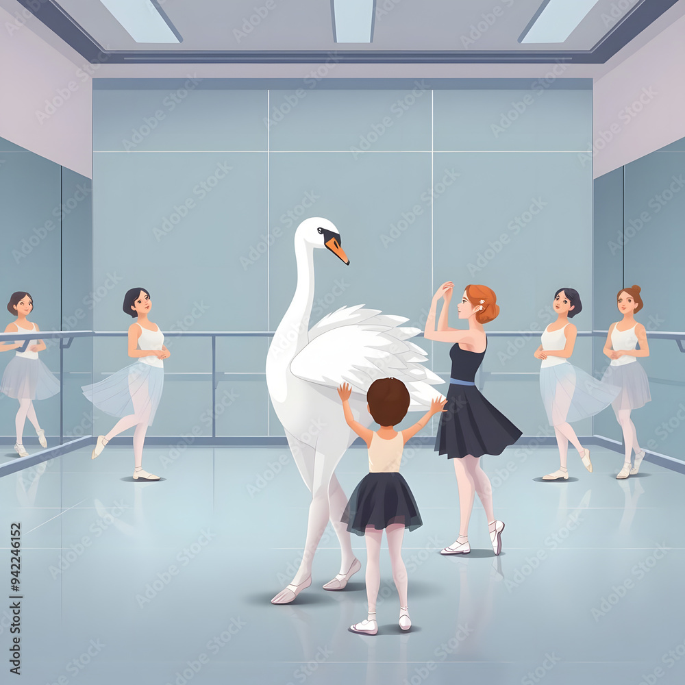 Naklejka premium Ballet class with dancers and a swan in a modern studio setting