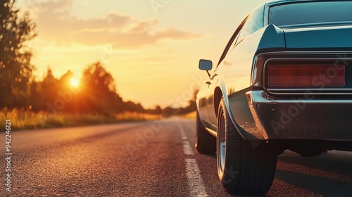 1970s road trip with a classic car and warm tones, nostalgic journey, retro adventure