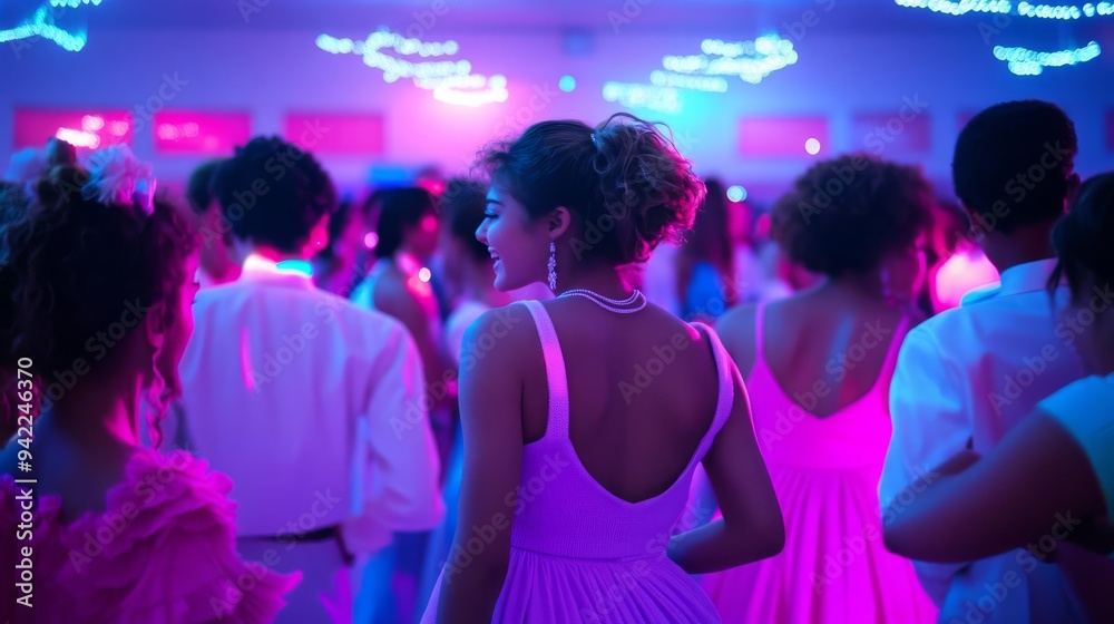 1980s high school dance with neon lights and film burn effects, youthful energy, vintage fun 1980s high school dance with neon lights and film burn effects, youthful energy, vintage fun