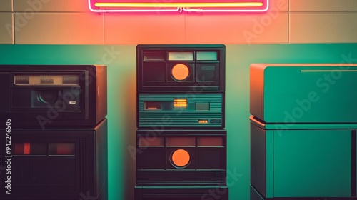 1980s video rental store with VHS tapes and neon signs, nostalgic vibes, retro technology