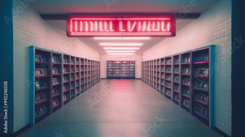 1980s video rental store with neon signs and grainy film, nostalgic vibes, retro technology
