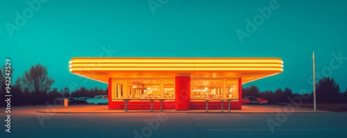 Retro film aesthetic of a 1950s drive-in restaurant at night, neon lights, nostalgic dining