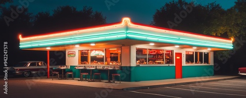 Retro film aesthetic of a 1950s drive-in restaurant at night, neon lights, nostalgic dining
