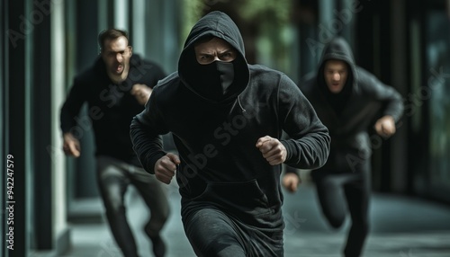Daring heist  a thief in black hoodie and mask escapes with gang after bank robbery photo