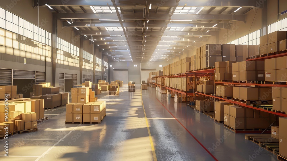 Empty warehouse space with stacks of boxes on shelves and pallets. Empty warehouse space with stacks of boxes on shelves and pallets.