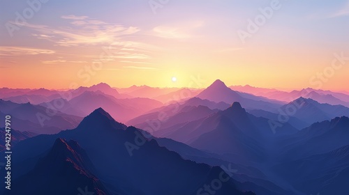 A mountain range with a sun setting behind it