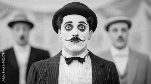 Silent film-inspired comedy scene with slapstick humor, black-and-white, timeless fun photo