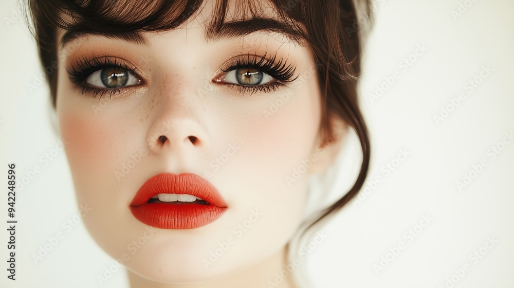 Young woman with sixties retro glamour makeup, matte red lipstick, and thick eyelashes, looking directly at the camera with a white background Young woman with sixties retro glamour makeup, matte red lipstick, and thick eyelashes, looking directly at the camera with a white background