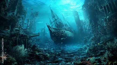 Serene Underwater Worlds: Untouched Deep-Sea Environments Teeming with Fish, Vibrant Coral Reefs, and Forgotten Sunken Ships photo