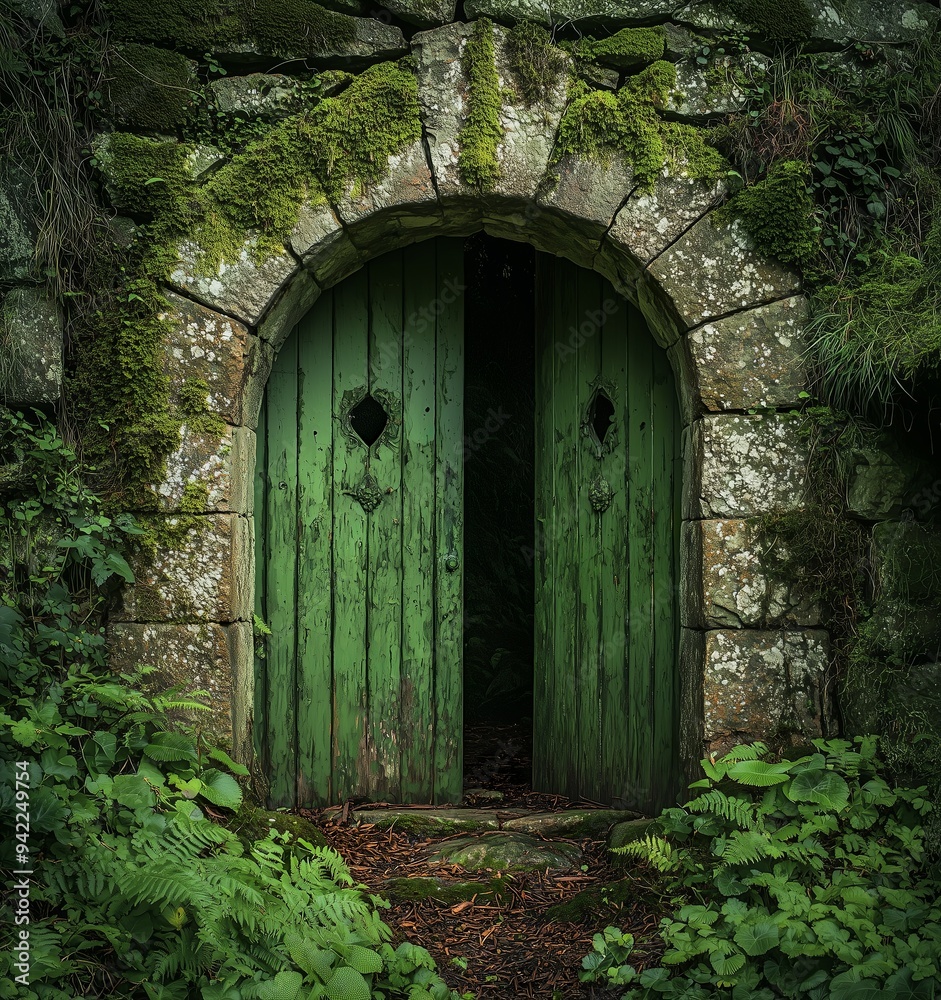A photograph of an old, moss-covered stone archway with green... A photograph of an old, moss-covered stone archway with green...