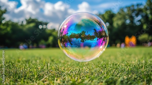   A soap bubble resting in a verdant meadow beneath a cerulean sky and wispy white clouds