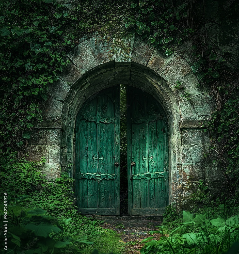A photograph of an old stone archway leading to the forest, with... A photograph of an old stone archway leading to the forest, with...