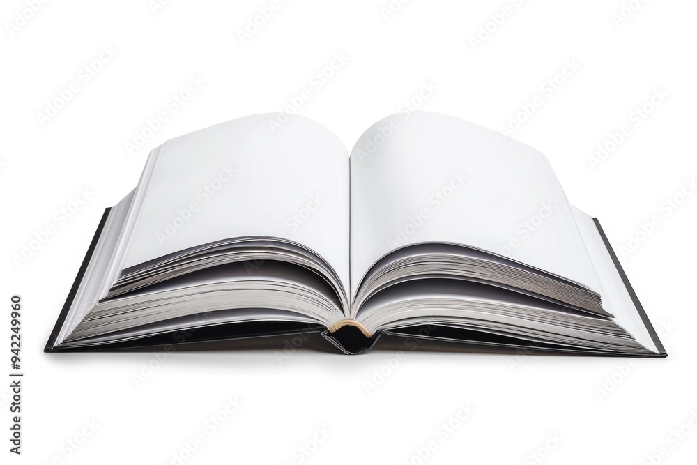 An open book lying flat on a clean white surface An open book lying flat on a clean white surface