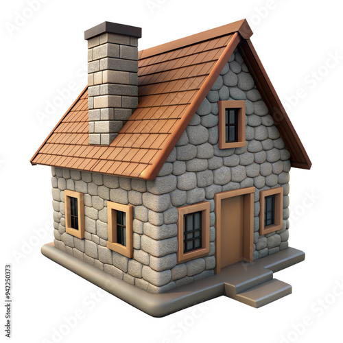 Animated 3D stone house with a chimney, isolated on transparent background