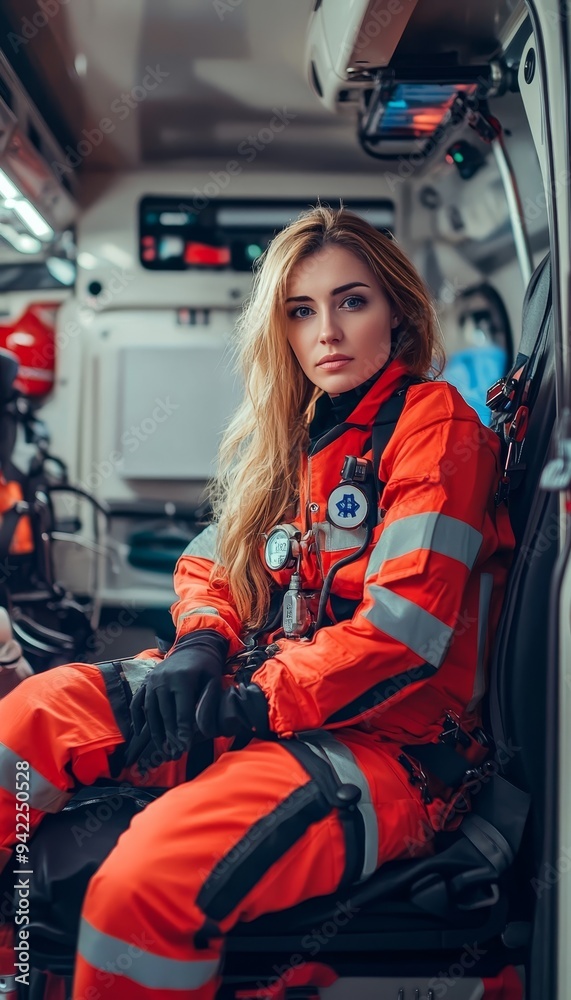 Emergency medical services female paramedic responding in ambulance to hospital for urgent care Emergency medical services female paramedic responding in ambulance to hospital for urgent care