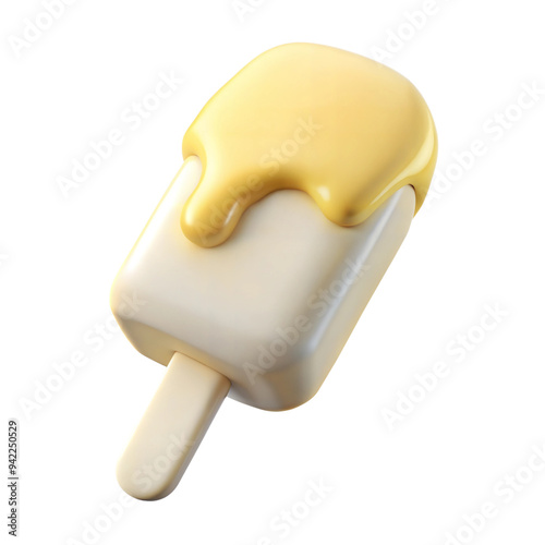 Animated 3D vanilla popsicle with yellow glaze, melting slightly, isolated on transparent background photo