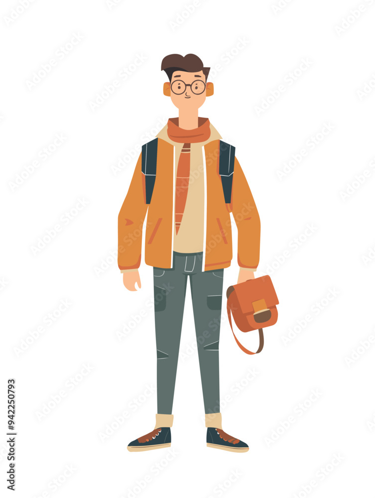 A man wearing glasses and a backpack is standing on a white background. He is smiling and he is happy A man wearing glasses and a backpack is standing on a white background. He is smiling and he is happy