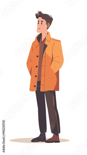 A man in a yellow coat stands in front of a white background. He is smiling and he is enjoying himself