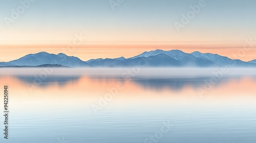   Water with mountains in the distance and misty water in the foreground