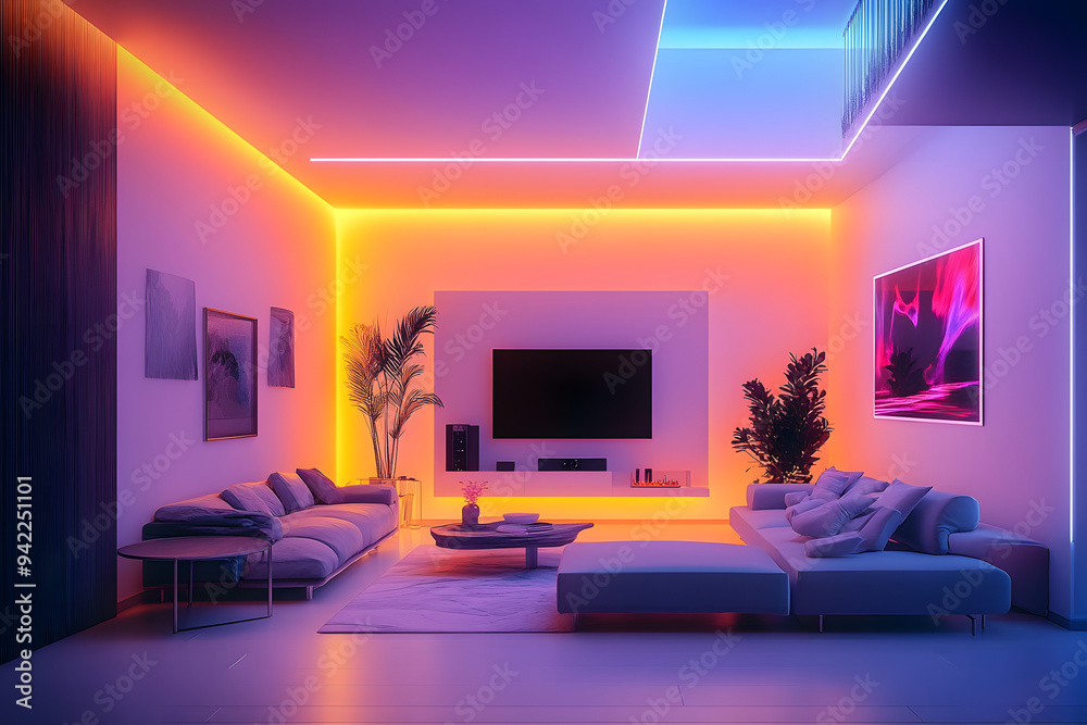 Modern living room with neon led light, generative ai, high ceiling, and warm colorful led sign light as the wall blends in with the furniture's design. Modern living room with neon led light, generative ai, high ceiling, and warm colorful led sign light as the wall blends in with the furniture's design.