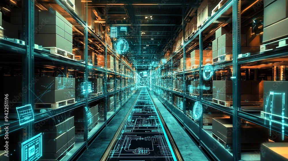 Futuristic warehouse with advanced digital logistics system with artificial intelligence. Futuristic warehouse with advanced digital logistics system with artificial intelligence.