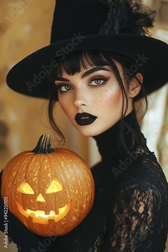 Portrait of woman at Halloween party as dead witch with funny and silly expression on her face. Young woman with bloody make-up holds glowing pumpkin covered with spider webs on orange background