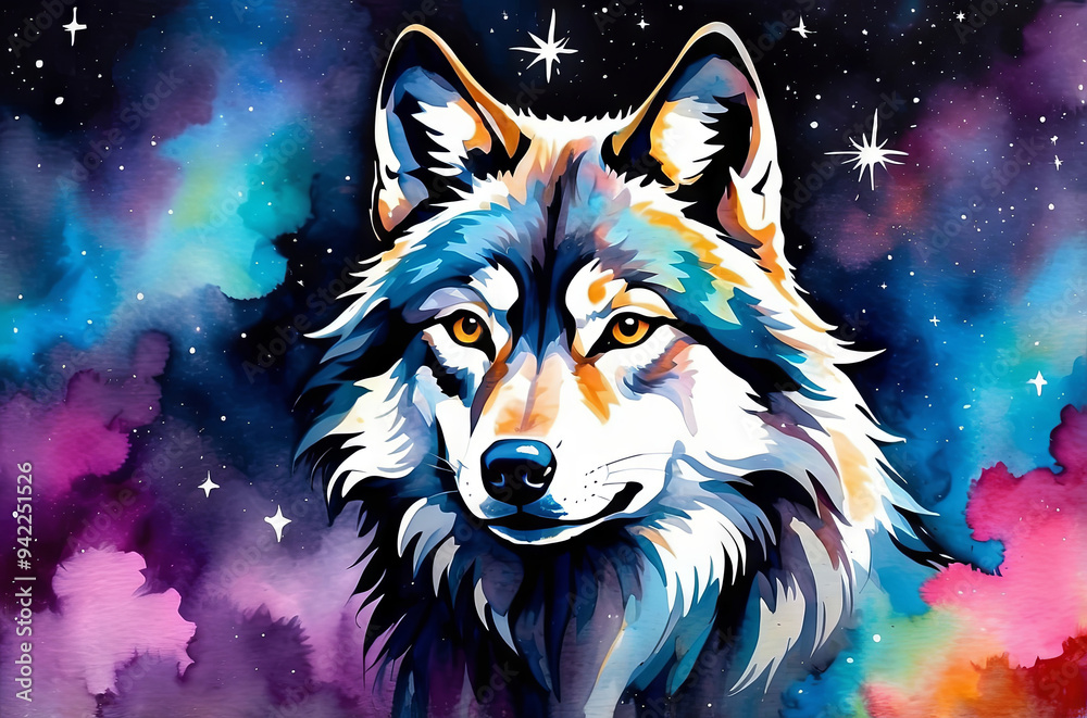 a wolf, vibrant galaxy background, gouache paint a wolf, vibrant galaxy background, gouache paint
