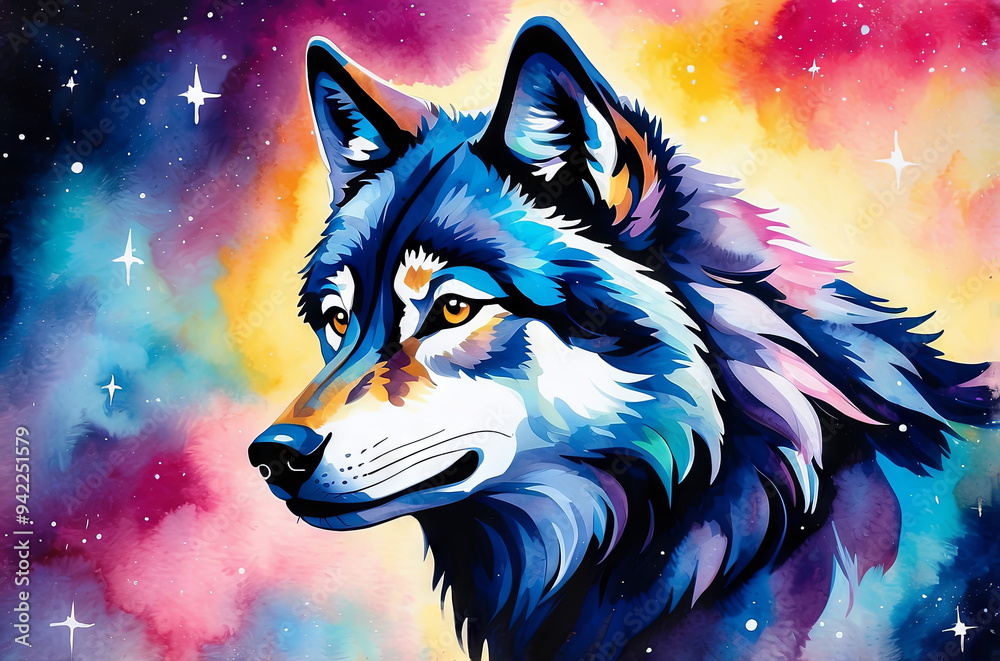 a wolf, vibrant galaxy background, gouache paint a wolf, vibrant galaxy background, gouache paint