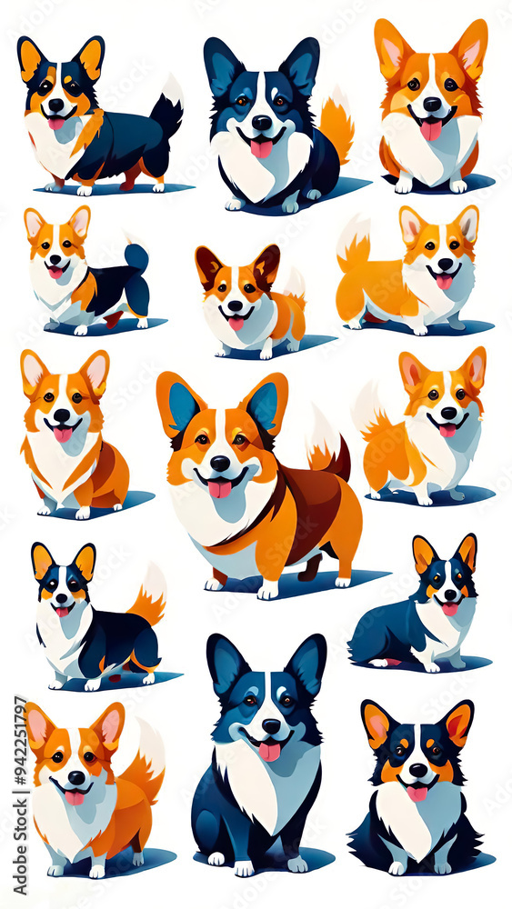 Funny corgi sticks set on a white background 