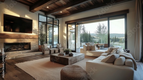 Modern rustic living room interior design, The room is filled with natural light and has a cozy.