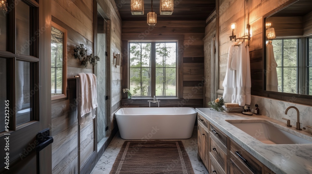 Modern rustic bathroom interior design, The room is filled with natural light and has a cozy.