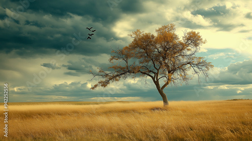 Golden Solitude: A lone tree stands resilient against a dramatic sky, its golden leaves echoing the vast grassland below, in a captivating portrayal of nature's enduring beauty. 