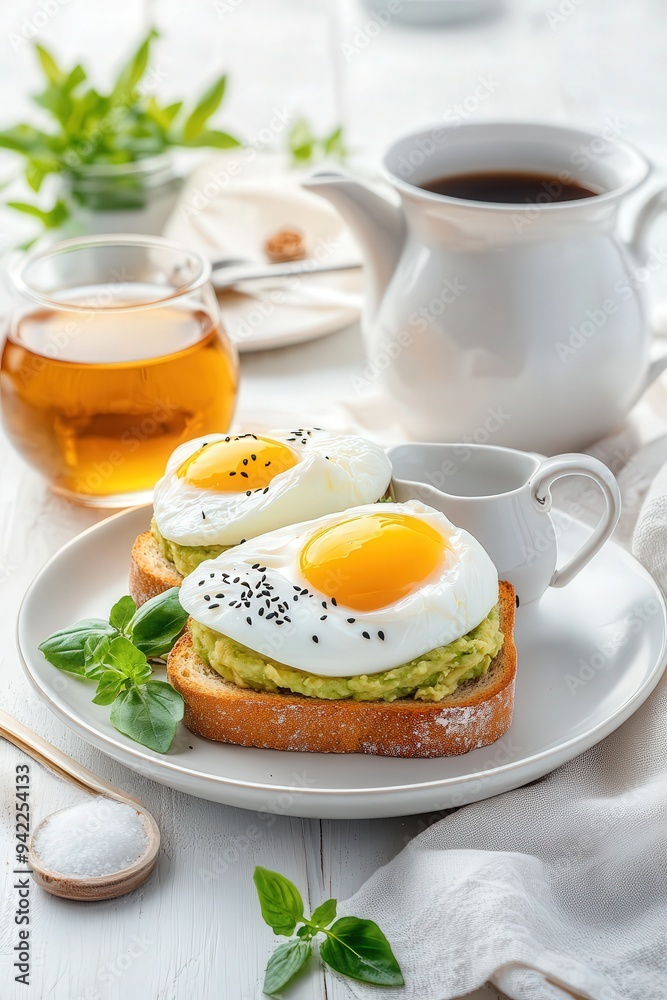 a plate featuring avocado toast with poached eggs. a plate featuring avocado toast with poached eggs.