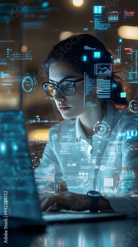 A person using a laptop with futuristic digital and global network icons floating around them, while another individual is talking on the phone in front of a globe