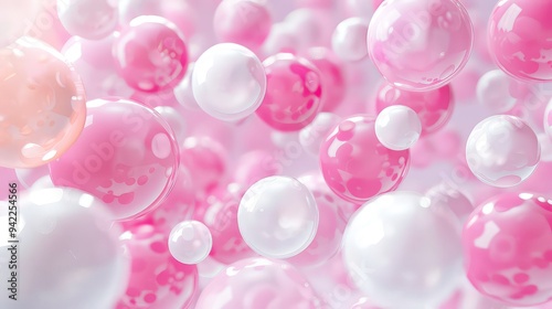 Abstract pink and white glossy spheres floating in a pink background.